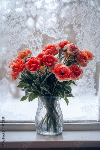 Fresh Flower Bouquet on Frosted Windowsill