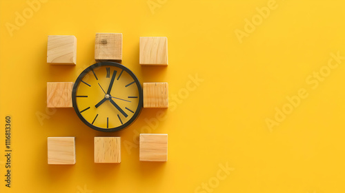 Yellow Background Illustration: Clock and Wooden Blocks Time Management Concept photo