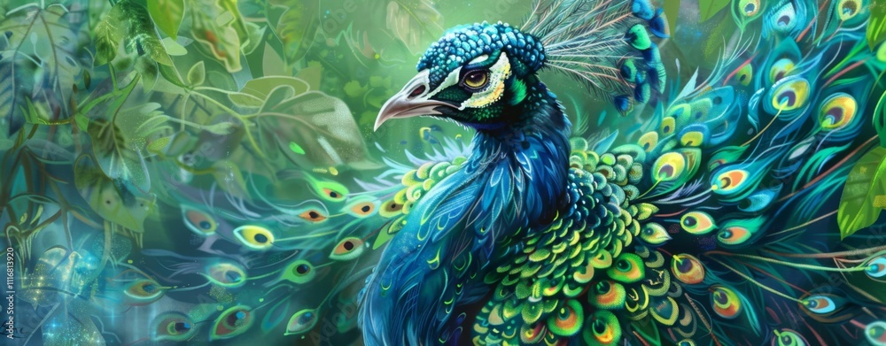 Fototapeta premium Portrait of beautiful peacock with feathers out
