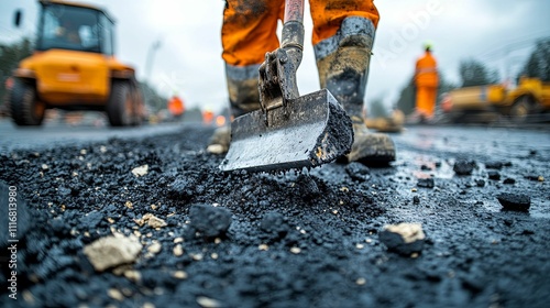 Road Construction Worker Using A Shovel For Asphalt photo