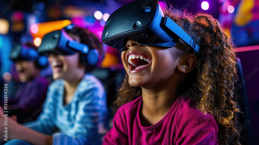 Three girls share a thrilling moment as they immerse themselves in a virtual reality experience, radiating laughter and excitement in a colorful environment. Three girls share a thrilling moment as they immerse themselves in a virtual reality experience, radiating laughter and excitement in a colorful environment.