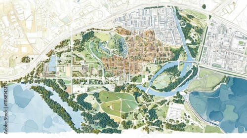 A detailed landscape plan showcasing urban and natural areas.