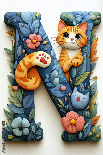 Lettres de l'alphabet N sur le thème des chats, colorées, décorées de chatons mignons, fleurs, feuilles, design ludique et fun, idéal pour l'éducation, projets graphiques ou décoratifs photo