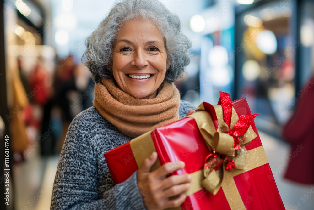 happy mature woman with gray hair holding a gift box wrapped with red paper and a gold bow, Christmas gift concept happy mature woman with gray hair holding a gift box wrapped with red paper and a gold bow, Christmas gift concept