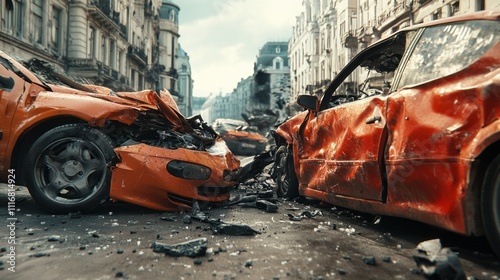 A chaotic urban street filled with damaged cars, twisted metal, and debris tells the story of a recent disaster. Once vibrant vehicles now rest in disarray under a cloudy sky, hinting at past turmoil photo