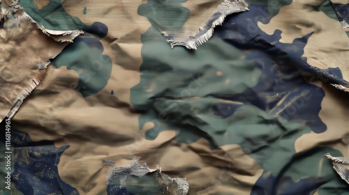 A rough texture of a sand-covered military tarp with frayed edges and camouflage stitching 