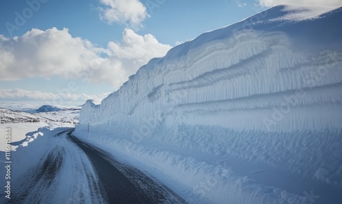 The Vikafjellet pass road in May has a high snow wall photo