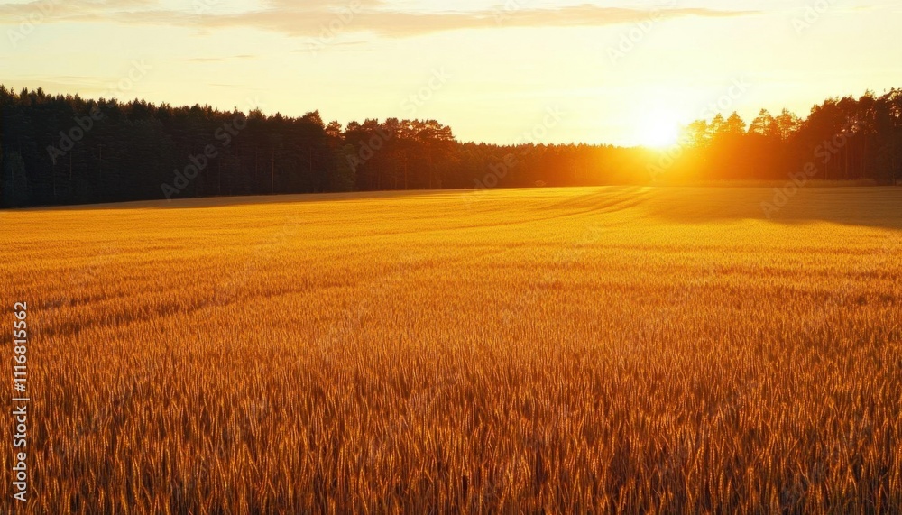 Obraz premium A golden wheat field at sunset, showcasing nature's beauty and tranquility.