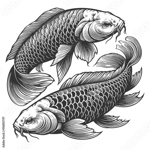 two koi fish swimming in a circular motion, with flowing fins and detailed scalessketch engraving generative ai vector illustration. Scratch board imitation. Black and white image.