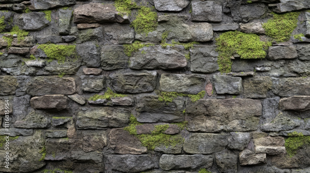 Fototapeta premium Stone brick wall with visible mortar and moss resting on it