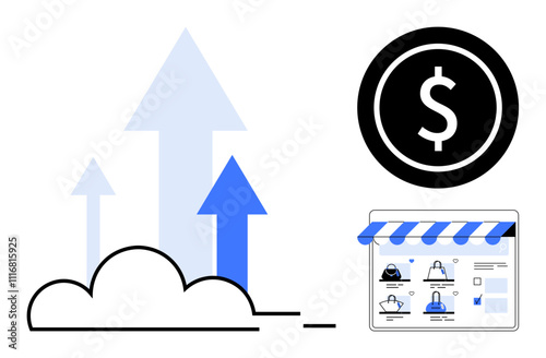 Arrows emerging from a cloud, dollar sign inside circle, online storefront. Ideal for business development, e-commerce, financial growth, cloud solutions, market analysis, online shopping startup