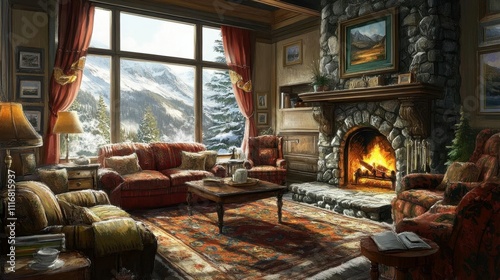 Cozy living room with a fireplace and mountain view in winter.