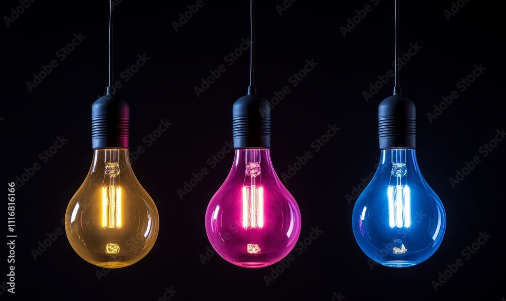 Three colorful hanging light bulbs in shades of pink, yellow, and blue, illuminating against a dark background. Three colorful hanging light bulbs in shades of pink, yellow, and blue, illuminating against a dark background.
