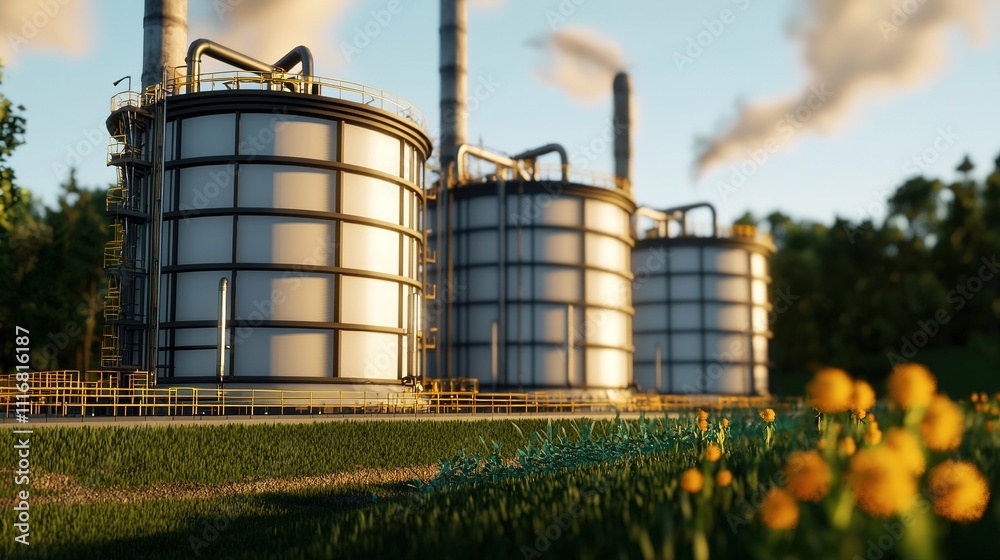 Fototapeta premium Industrial storage tanks surrounded by greenery, featuring smokestacks in the background under a blue sky.