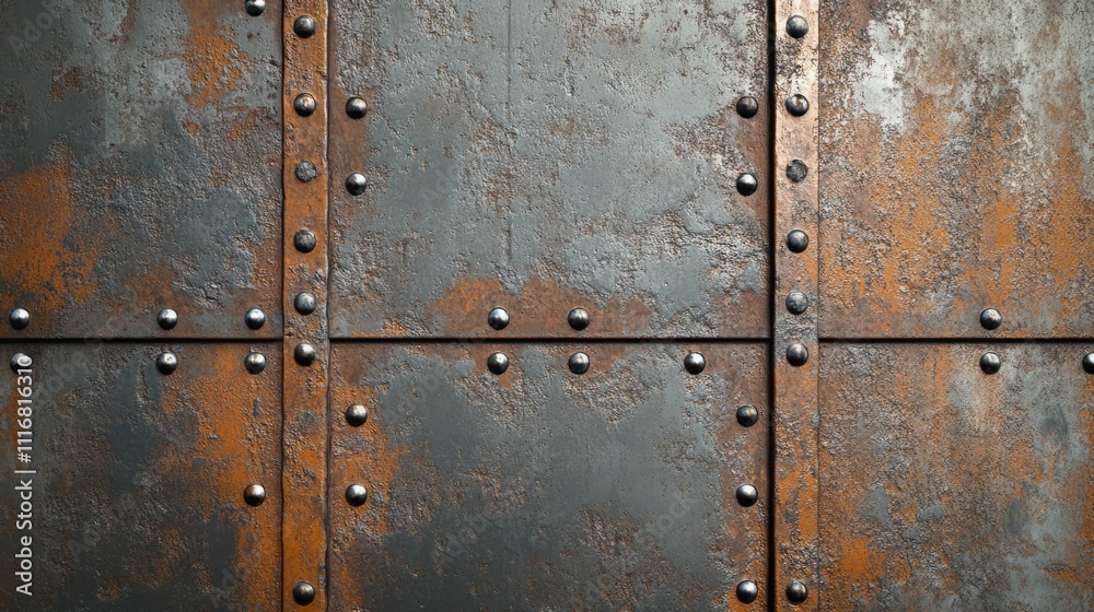 Fototapeta premium Metal panel wall with rivets, dents, and rust patches, realistic texture