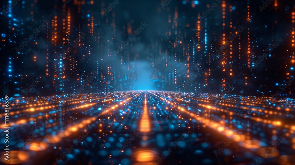 Fototapeta premium Abstract digital background with glowing binary code and light streaks, representing data flow in the internet era