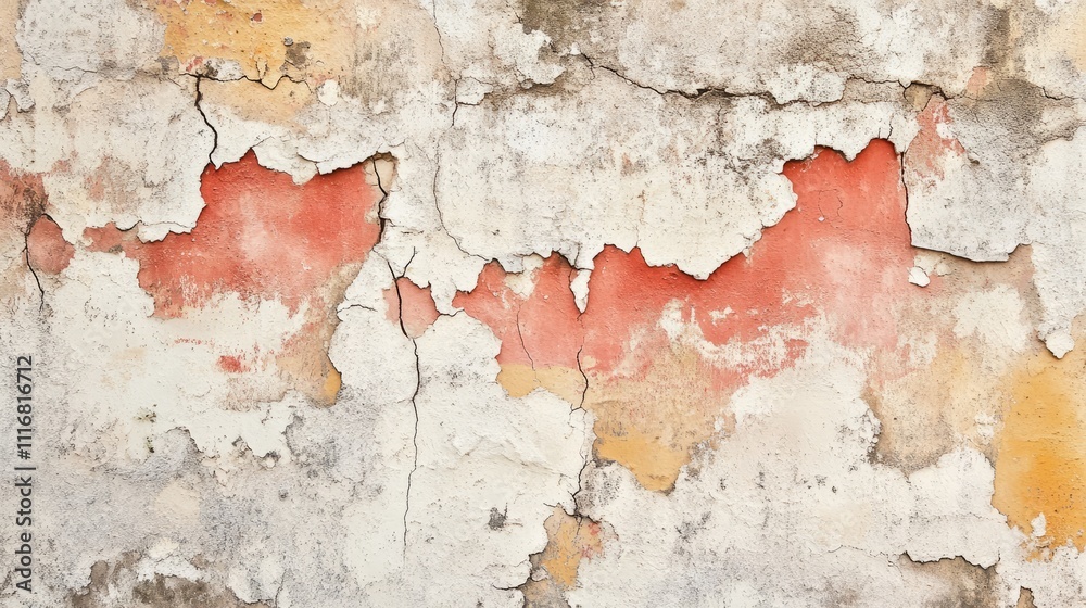 Obraz premium Old plaster wall with deep cracks and patches of paint peeling off, realistic texture 