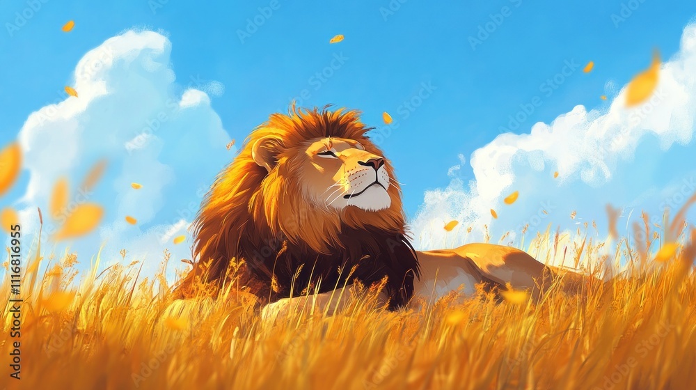 Fototapeta premium Majestic lion resting in golden savanna grass under a bright blue sky with fluffy clouds and falling leaves.