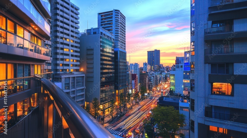 Obraz premium Vibrant sunset cityscape view from a balcony, overlooking a bustling city street with illuminated buildings at dusk.