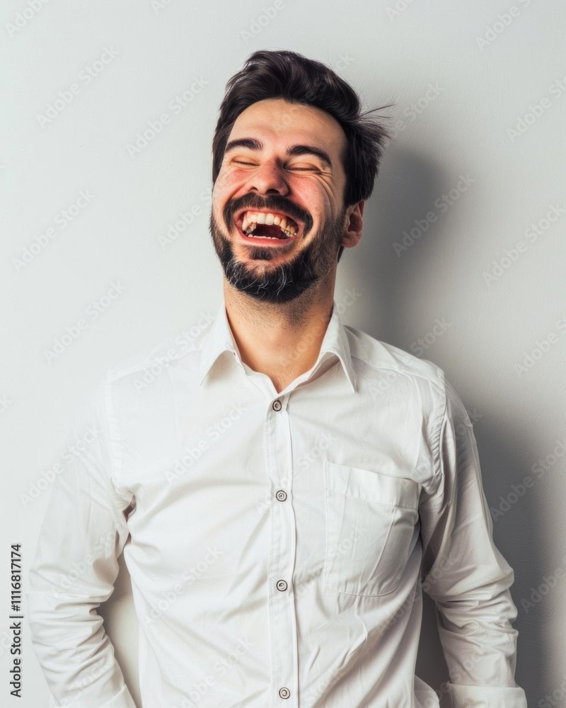 Obraz premium A man laughing joyfully against a neutral background.