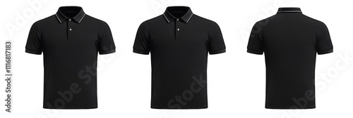 A black polo shirt displayed from three angles for promotional or design purposes. photo