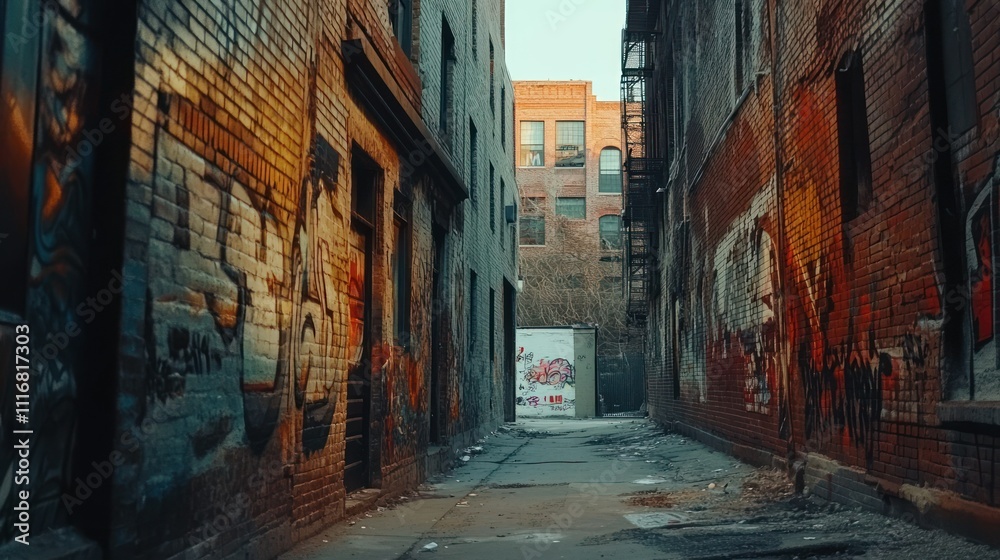 Fototapeta premium Urban alleyway with graffiti and a dumpster.