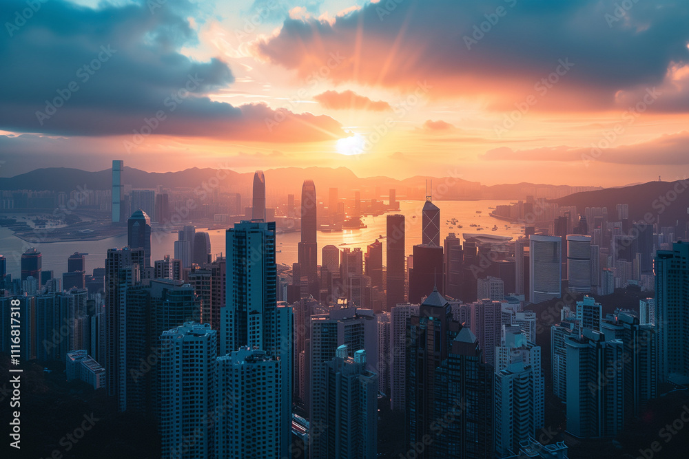 Fototapeta premium Cityscape at Dusk Highlighting Skyscrapers and Modern Architecture Under a Vibrant Sunset Sky in a Bustling City