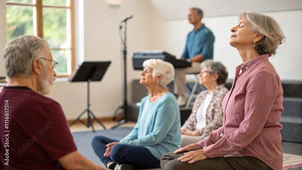 Fototapeta premium Attendees seated in a semicircle facing a speaker who is leading a meditation session. The seniors with serene expressions sit with their eyes closed some with hands resting on