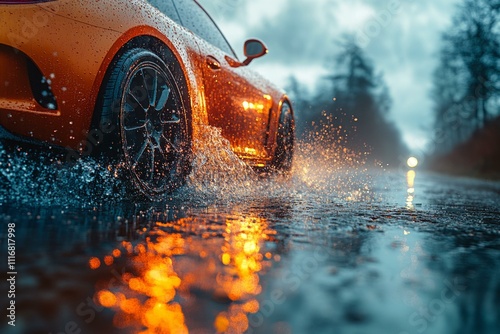  Orange sports car driving safely on wet road, splashing water, emphasizing traffic safety in adverse weather conditions.