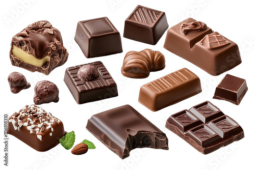 assorted chocolates, variety of shapes, milk chocolate, dark chocolate, nut garnishes, realistic and detailed, high quality image, intricate textures, white background, gourmet sweets, tempting and de