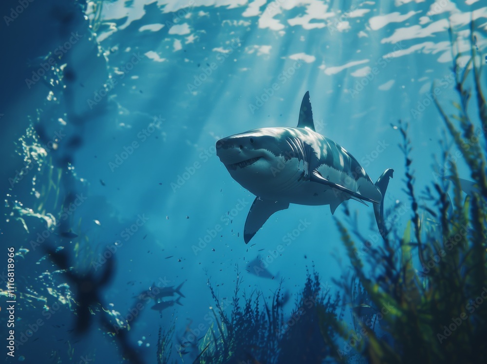 Fototapeta premium Great white shark and sun rays