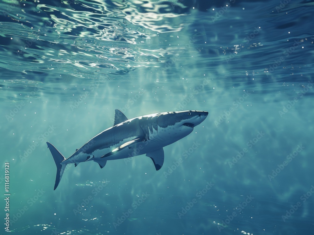 Fototapeta premium Great white shark and sun rays