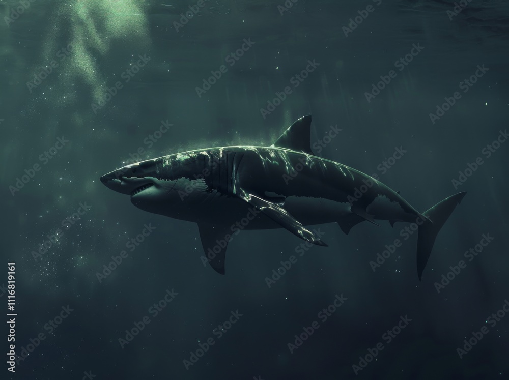 Fototapeta premium Great white shark and sun rays