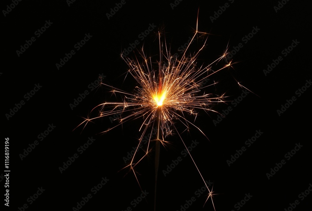 Burning sparkler stick on black background, space for text Burning sparkler stick on black background, space for text