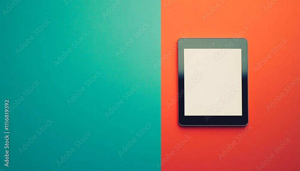 A tablet rests on a split-color background, showcasing a blank screen for creative use. A tablet rests on a split-color background, showcasing a blank screen for creative use.