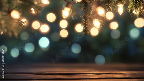 Christmas tree on wooden floor, bokeh background. Illuminated tree with ornaments, warm lighting on rustic wood