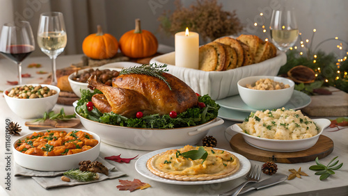 Festive Christmas table with baked turkey, vegetables, salads, dessert and wine. The cozy festive atmosphere with candles and a decorated Christmas tree is ideal for celebrating family traditions.