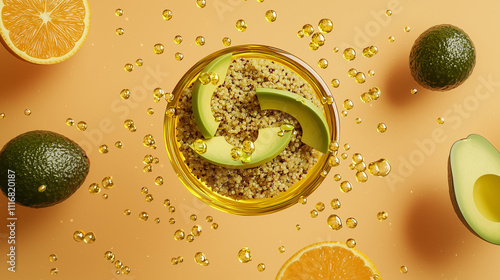 Overhead shot of a glass bowl with quinoa, avocado slices, and orange segments. Surrounded by oil droplets, showcasing healthy fats and ingredients