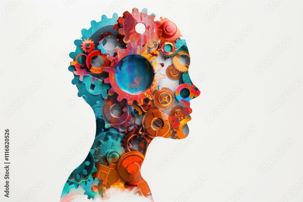 custom made wallpaper toronto digitalAbstract depiction of a human head silhouette filled with colorful gears and cogs, symbolizing creativity and innovation. Artistic concept of human intellect.