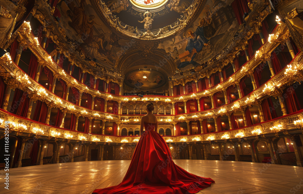 Lonely singer in baroque style luxury theater in red expensive dress standing on a stage.