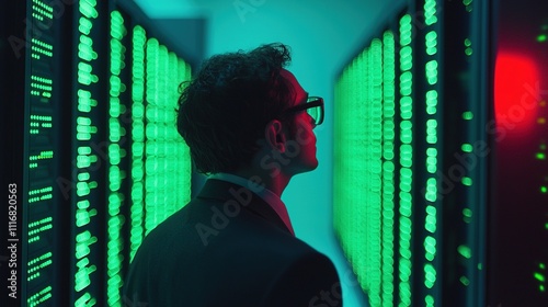 A person in a suit gazes at illuminated server racks, surrounded by vibrant green lights, in a modern data center.