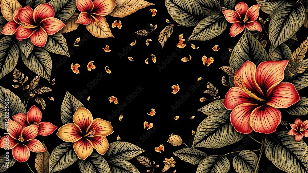 Fototapeta premium Black and gold hibiscus flowers with tropical leaves in a botanical style illustration, floral patterns, black and gold illustrations