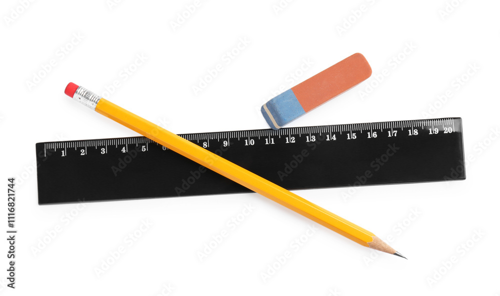 Ruler, pencil and eraser isolated on white, top view Ruler, pencil and eraser isolated on white, top view