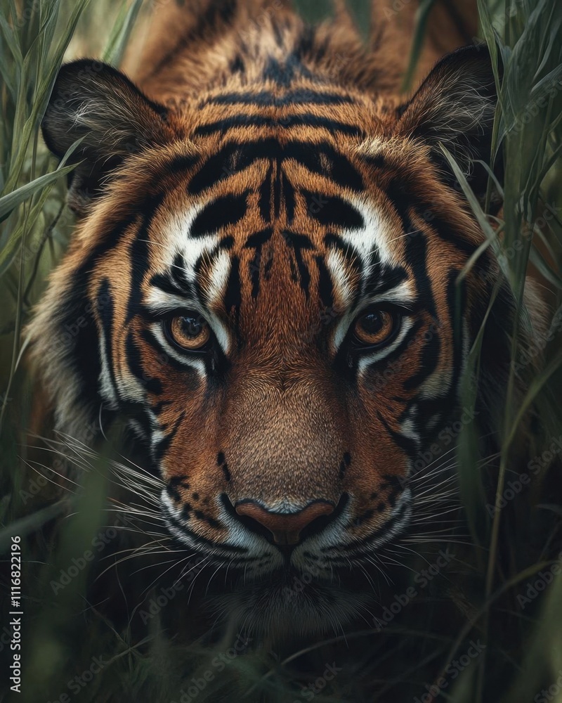 Fototapeta premium A close-up of a tiger's face among tall grass, showcasing its intense gaze.