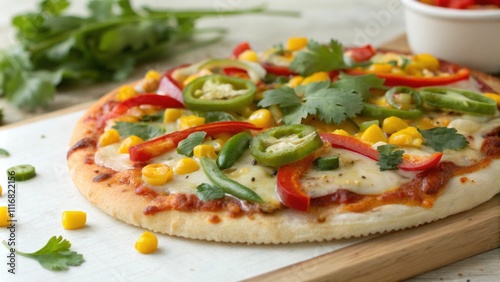 A small personalsized pizza showcases fresh seasonal ingredients. With a thin crust thats ly visible beneath vibrant toppings the pizza is covered in colorful bell pepper strips photo