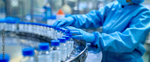 Vials of new medication on a conveyor belt. Mass pharma industrial production photo