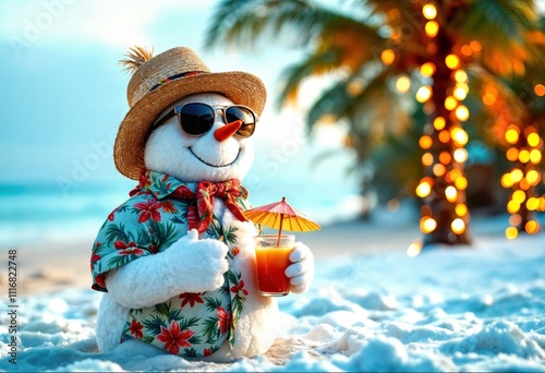 Snowman in a tropical setting wearing a straw hat, sunglasses, and a Hawaiian shirt, holding a cocktail on a snowy beach with palm trees and glowing holiday lights in the background