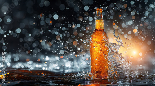 Bottle of fresh beer on a table illuminated with gentle sunlight