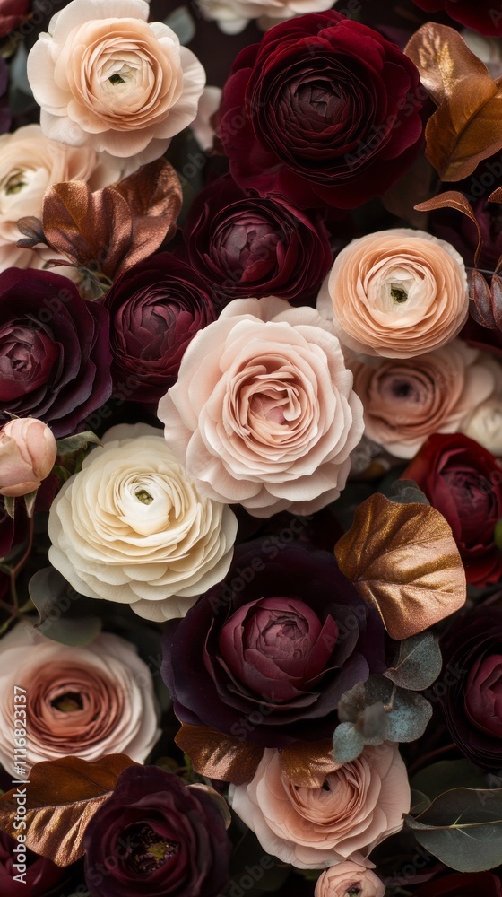 A stunning collection of moody flowers showcases captivating shades of deep red, soft pink, and cream, interspersed with golden accents, evoking a sense of elegance and mystery A stunning collection of moody flowers showcases captivating shades of deep red, soft pink, and cream, interspersed with golden accents, evoking a sense of elegance and mystery