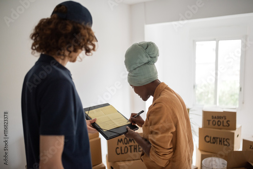 Woman signing contract for relocation services photo